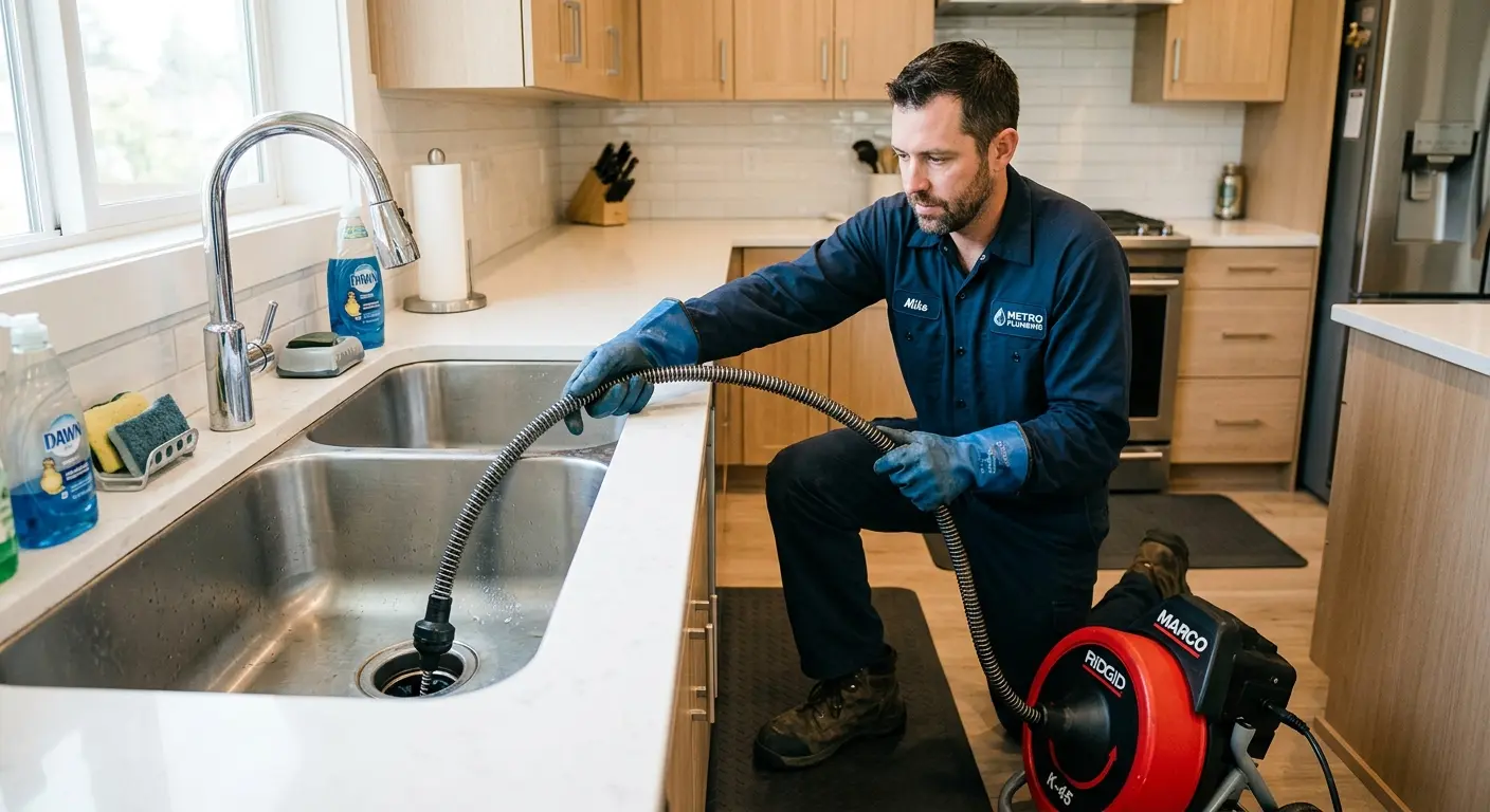 Drain cleaning technician using a motorized snake on a kitchen sink in Mint Hill