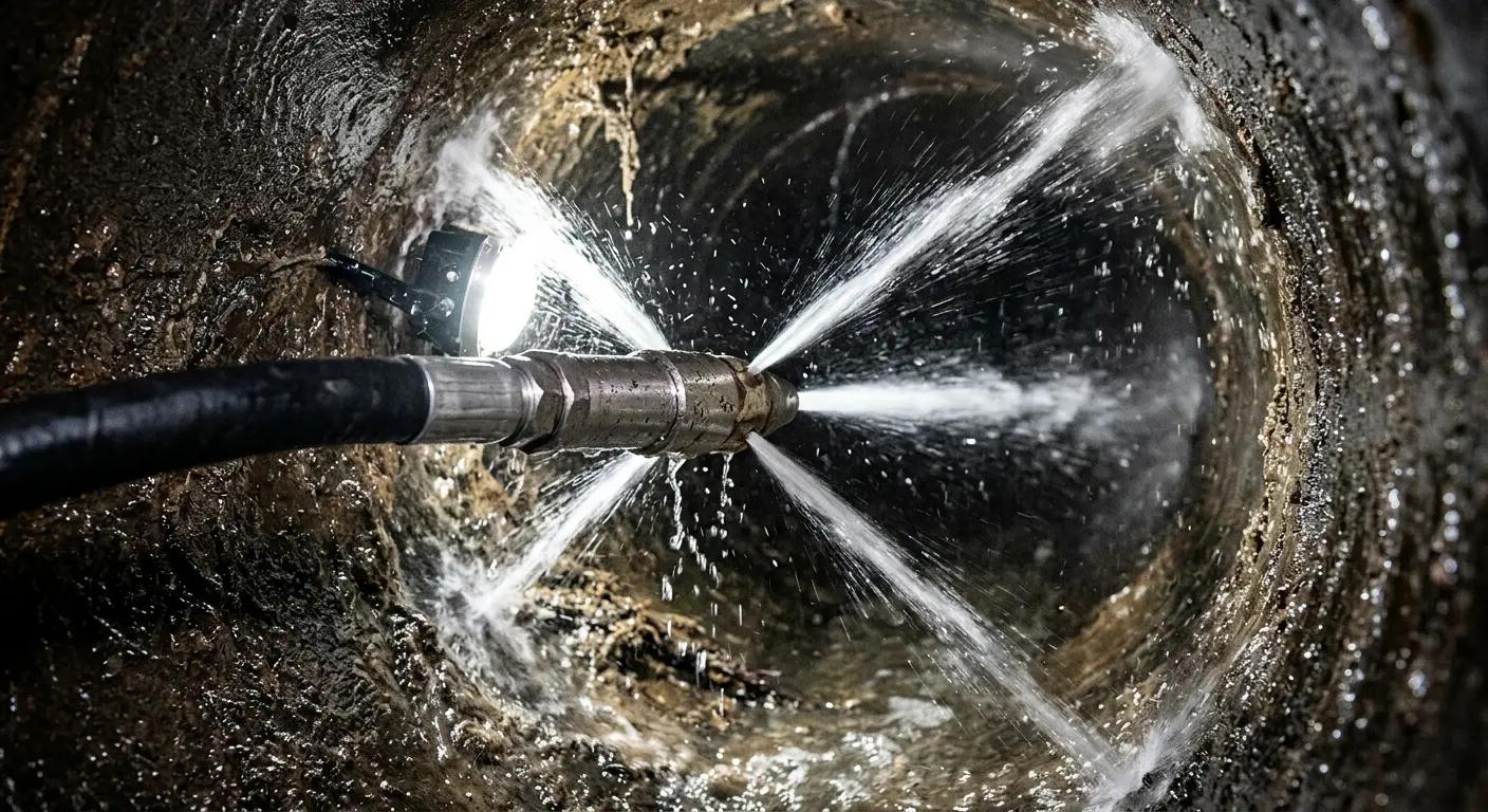 High-pressure hydro jetting nozzle cleaning sewer pipe for Trenchless Sewer Repair in Mint Hill