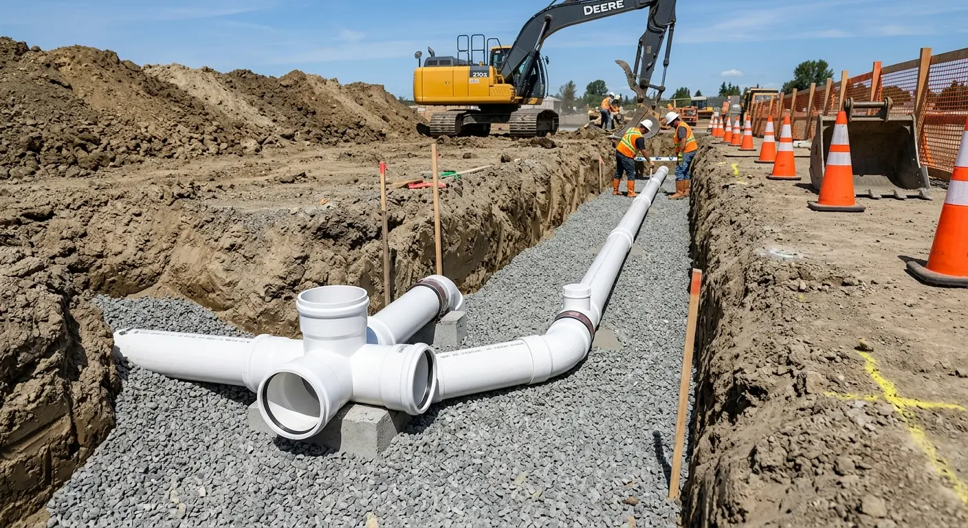 New PVC sewer pipe installation in open trench for Sewer Backup in Mint Hill