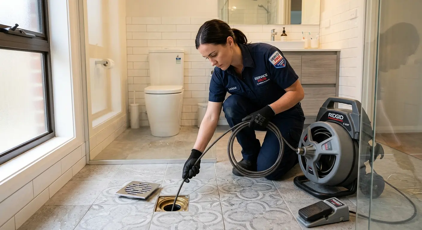 Technician clearing a bathroom floor drain for Drain Cleaning in Mint Hill